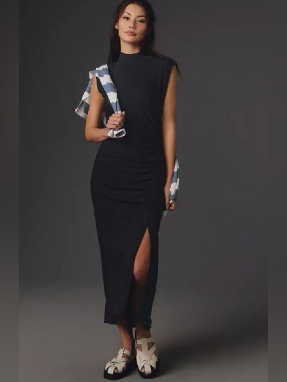 Daily practice Anthropologie black mock neck ruched midi dress slit sleeveless